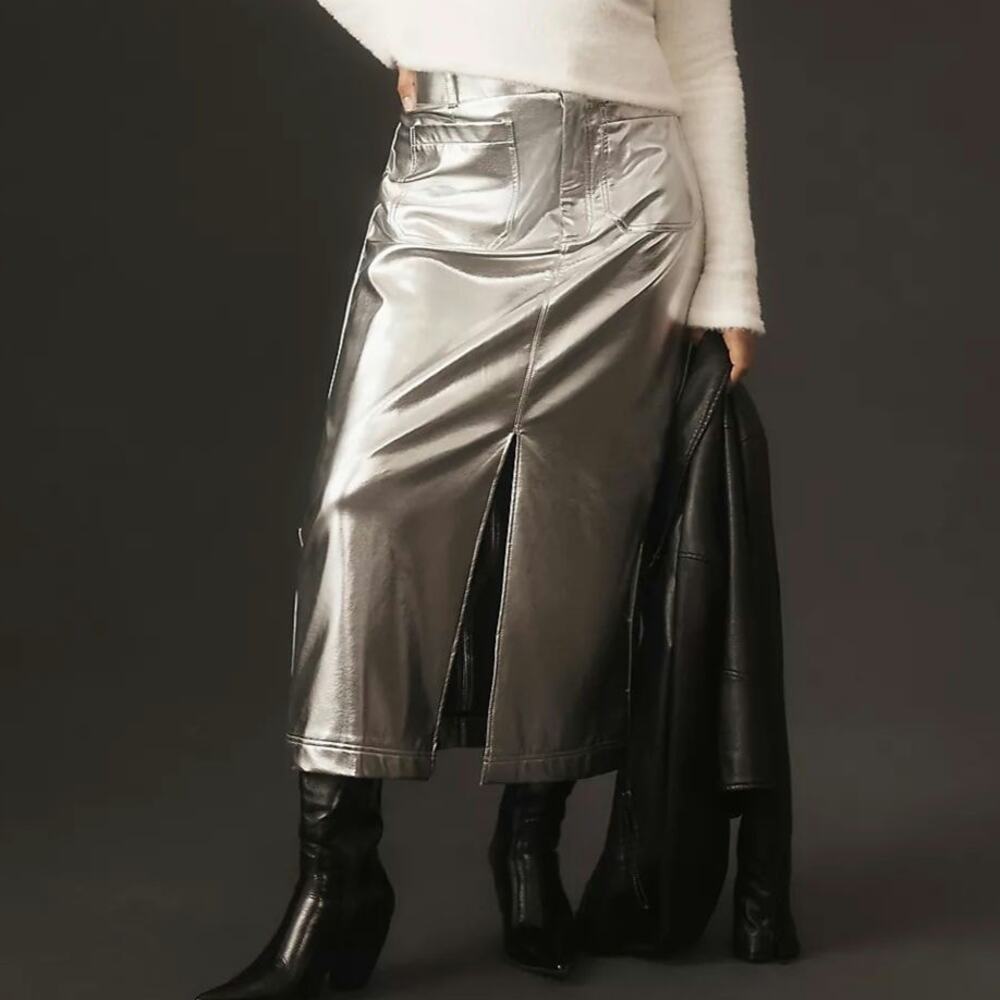 Anthropologie Shiny Silver Metallic Column Maxi Skirt XS Festival Disco Rave